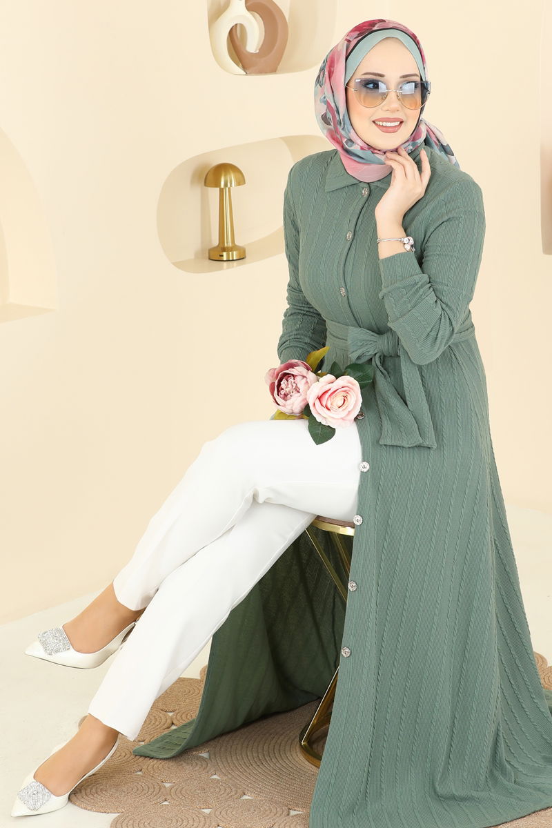 Düğmeli Kuşaklı Uzun Elbise 220BO429 Mint