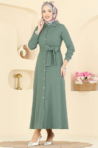 moda selvim Düğmeli Kuşaklı Uzun Elbise 220BO429 Mint - Thumbnail