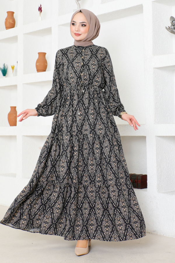 Modaselvim SEPETTE NET %20+%20 İNDİRİM Düğmeli Tesettür Elbise MDP1131-M Siyah