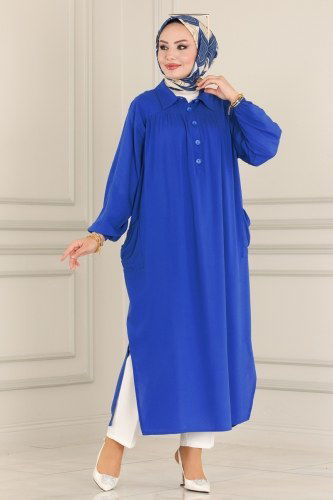 moda selvim Düğmeli Tesettür Viskon Tunik 8222BRZ597 Saks - Thumbnail