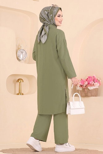 moda selvim Düğmeli Yırtmaçlı 2 Li Takım 018ZMRK1203 Haki - Thumbnail