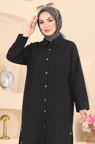 moda selvim Düğmeli Yırtmaçlı 2 Li Takım 018ZMRK1203 Siyah - Thumbnail