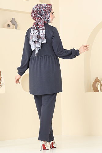 moda selvim Düğmesi Taşlı Modal Takım 5702ZNK1009 Antrasit - Thumbnail