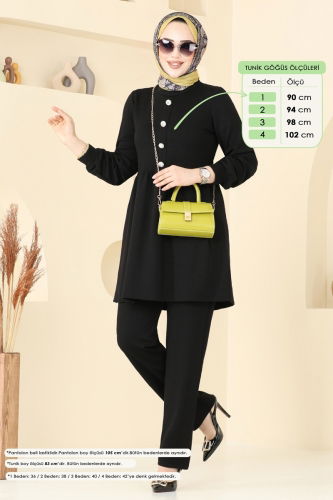 moda selvim Düğmesi Taşlı Modal Takım 5702ZNK1009 Siyah - Thumbnail