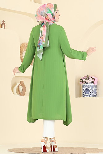 moda selvim Düz Renk Klasik Tunik 1011ZNNK1102 Fıstık Yeşili - Thumbnail