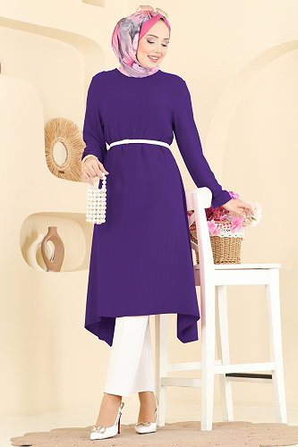 moda selvim Düz Renk Klasik Tunik 1011ZNNK1102 Mor - Thumbnail