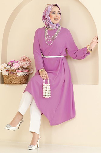 moda selvim Düz Renk Klasik Tunik 1011ZNNK1102 Pembe - Thumbnail
