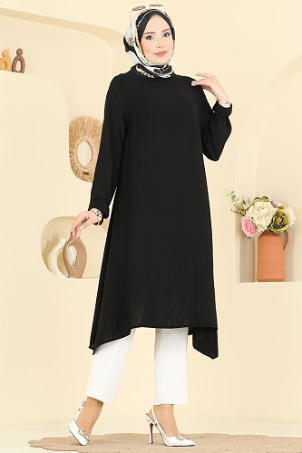 moda selvim Düz Renk Klasik Tunik 1011ZNNK1102 Siyah - Thumbnail