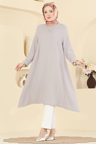 moda selvim Düz Renk Klasik Tunik 1011ZNNK1102 Taş - Thumbnail