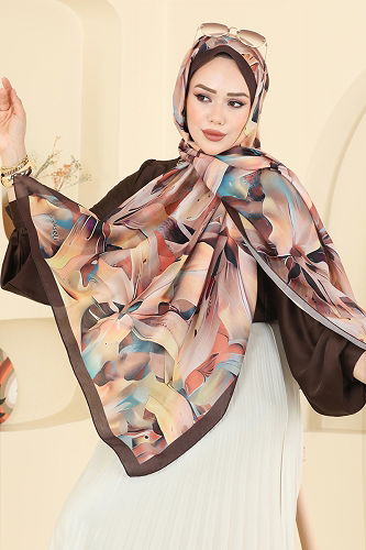 moda selvim Ebruli Desen Soft Şal Serisi 151IPK758 Kahve - Thumbnail