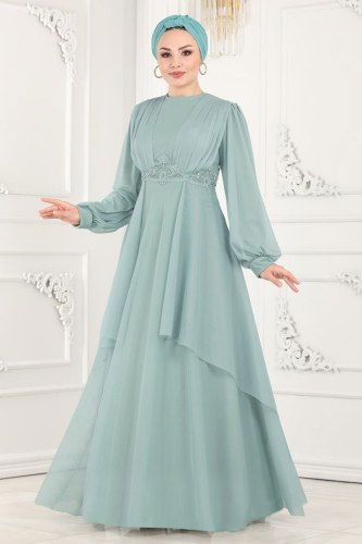 moda selvim Beli İşlemeli Tül Abiye 2213PN204 Mint - Thumbnail