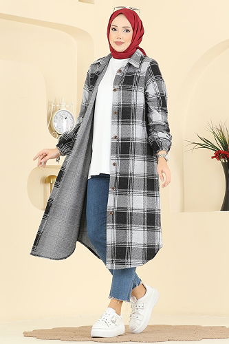 moda selvim Ekose Desen Oduncu Tunik 3074KTR750 Gri - Thumbnail