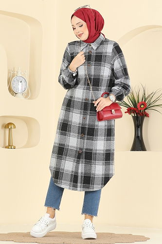 moda selvim Ekose Desen Oduncu Tunik 3074KTR750 Gri - Thumbnail