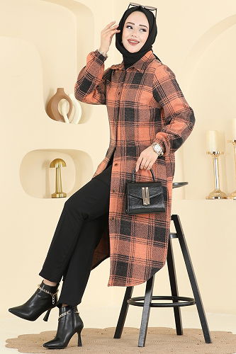 moda selvim Ekose Desen Oduncu Tunik 3074KTR750 Oranj - Thumbnail