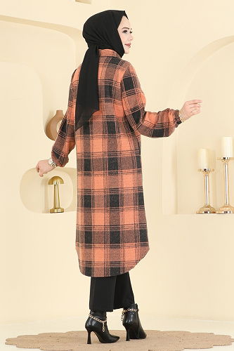 moda selvim Ekose Desen Oduncu Tunik 3074KTR750 Oranj - Thumbnail