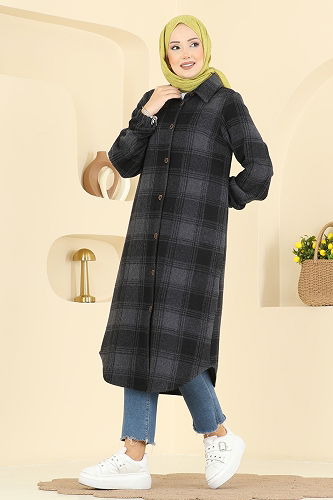 moda selvim Ekose Desen Oduncu Tunik 3074KTR750 Siyah - Thumbnail