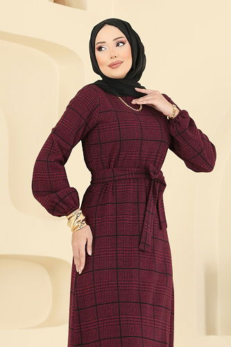 moda selvim Ekose Desenli Kışlık Elbise 22009UKB139 Bordo - Thumbnail