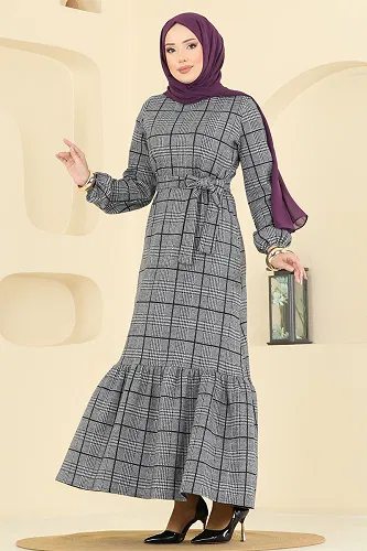 moda selvim Ekose Desenli Kışlık Elbise 22009UKB139 Gri - Thumbnail