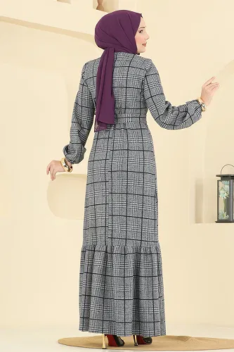 moda selvim Ekose Desenli Kışlık Elbise 22009UKB139 Gri - Thumbnail