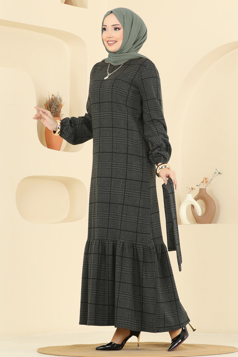Ekose Desenli Kışlık Elbise 22009UKB139 Koyu Haki