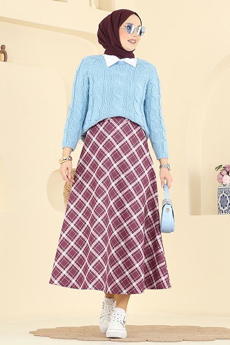 moda selvim Ekose Desenli Scuba Etek 8034TEG847 Bordo - Thumbnail