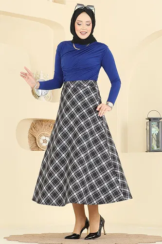 moda selvim Ekose Desenli Scuba Etek 8034TEG847 Siyah - Thumbnail