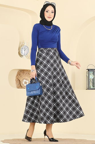 moda selvim Ekose Desenli Scuba Etek 8034TEG847 Siyah - Thumbnail