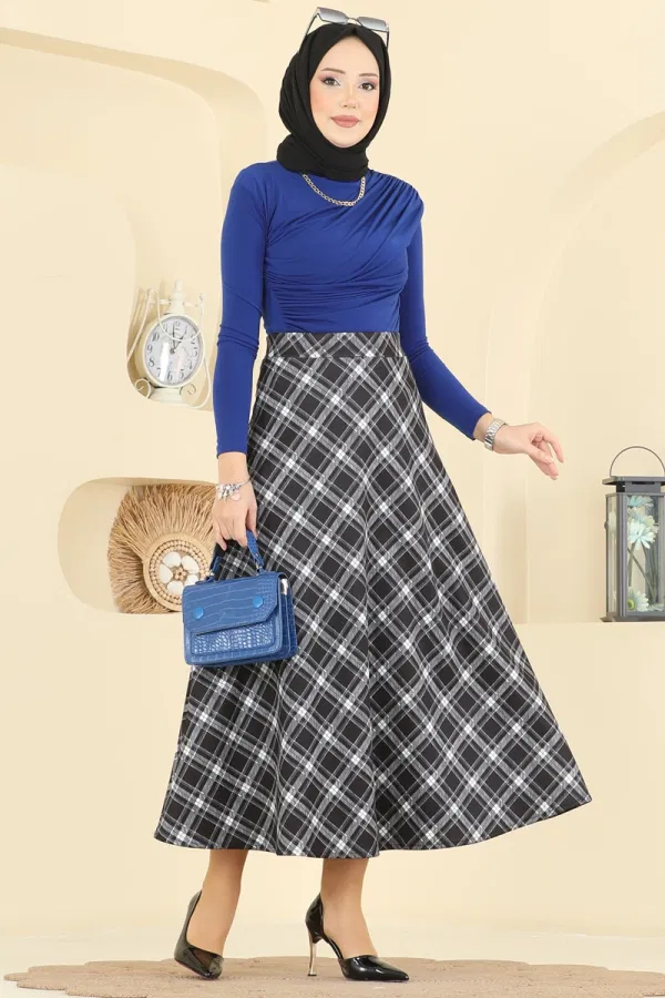 Modaselvim Etek Ekose Desenli Scuba Etek 8034TEG847 Siyah