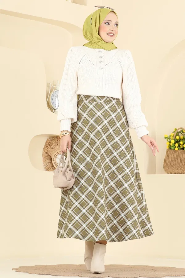 Modaselvim Etek Ekose Desenli Scuba Etek 8034TEG847 Yağ Yeşili