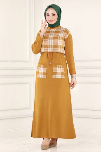 moda selvim Ekose Desenli Triko Elbise 640MT581 Hardal - Thumbnail