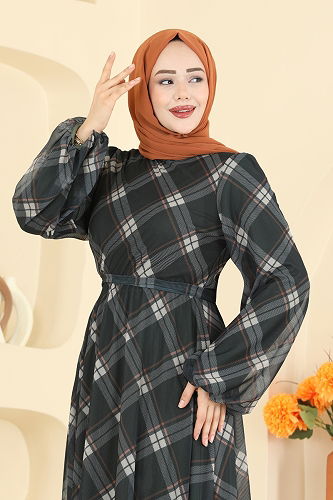 moda selvim Ekose Desenli Tül Elbise 5740EDF311 Haki - Thumbnail