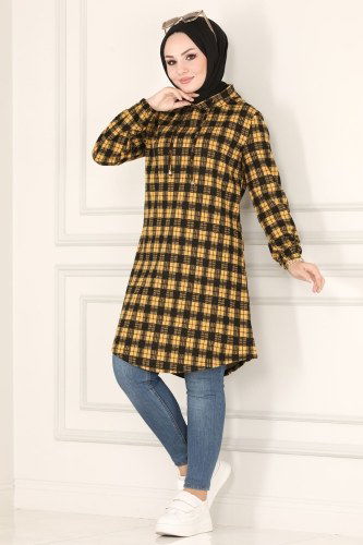 moda selvim Ekoseli Tesettür Tunik 7003MRT754 Hardal - Thumbnail