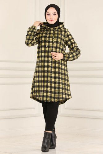 moda selvim Ekoseli Tesettür Tunik 7003MRT754 Sarı - Thumbnail