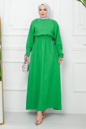 moda selvim Elastic Waist Linen Dress EFS520 Green - Thumbnail