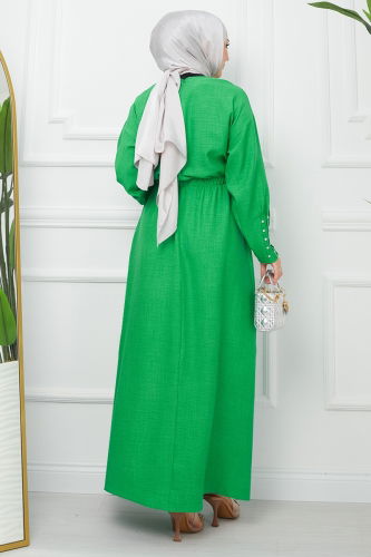 moda selvim Elastic Waist Linen Dress EFS520 Green - Thumbnail