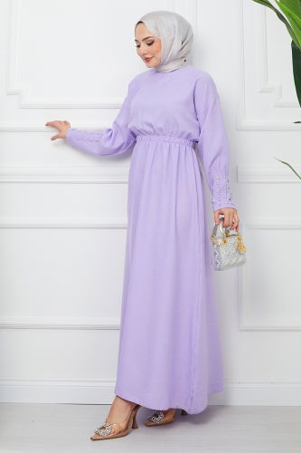 moda selvim Elastic Waist Linen Dress EFS520 Lilac - Thumbnail