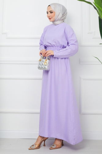 moda selvim Elastic Waist Linen Dress EFS520 Lilac - Thumbnail