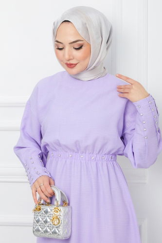 moda selvim Elastic Waist Linen Dress EFS520 Lilac - Thumbnail