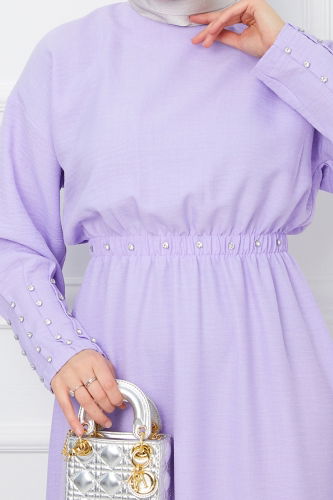 moda selvim Elastic Waist Linen Dress EFS520 Lilac - Thumbnail