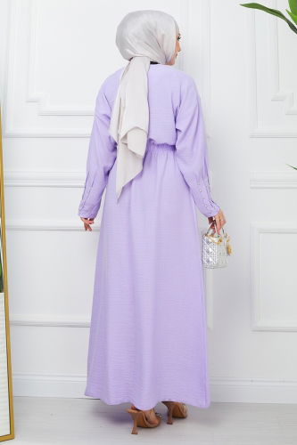 moda selvim Elastic Waist Linen Dress EFS520 Lilac - Thumbnail