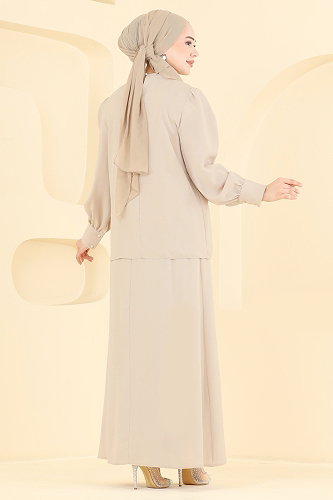 moda selvim Elbise Görünümlü Krep Kombin 5829EDFK1198 Taş - Thumbnail