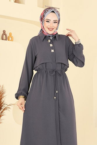 moda selvim Elena Düğmeli Tesettür Takım 3112HBS856 Antrasit - Thumbnail