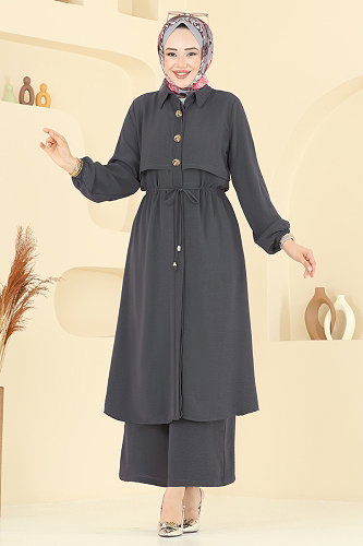 moda selvim Elena Düğmeli Tesettür Takım 3112HBS856 Antrasit - Thumbnail