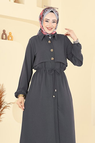 moda selvim Elena Düğmeli Tesettür Takım 3112HBS856 Antrasit - Thumbnail