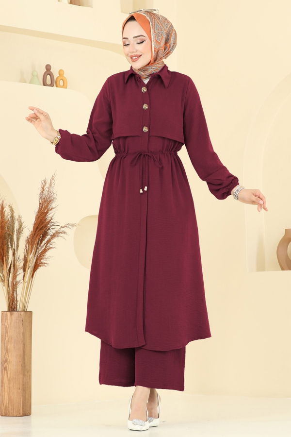 Modaselvim Kombin Elena Düğmeli Tesettür Takım 3112HBS856 Bordo