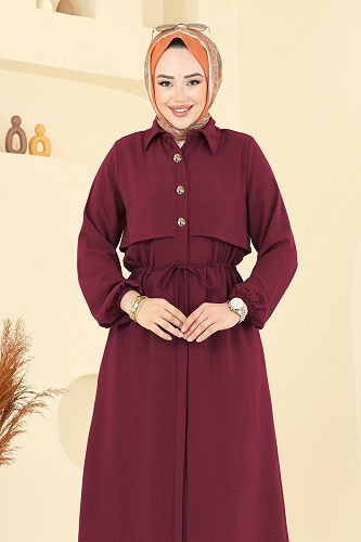 moda selvim Elena Düğmeli Tesettür Takım 3112HBS856 Bordo - Thumbnail