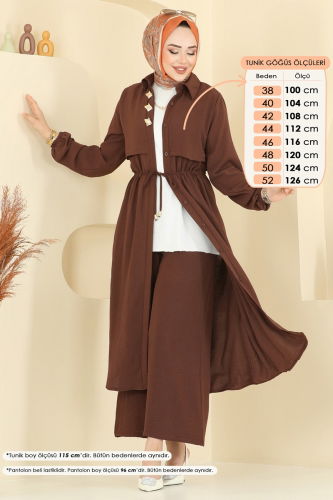 moda selvim Elena Düğmeli Tesettür Takım 3112HBS856 Kahve - Thumbnail