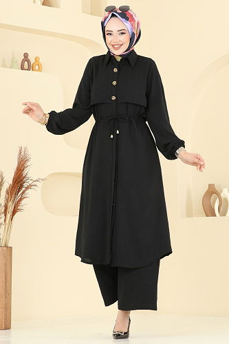 moda selvim Elena Düğmeli Tesettür Takım 3112HBS856 Siyah - Thumbnail