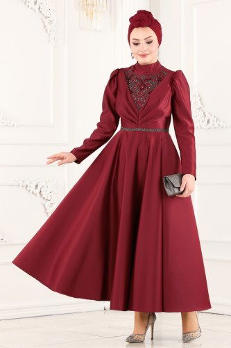 moda selvim Drapeli Saten Midi Abiye 6459YG95 Bordo - Thumbnail