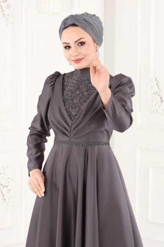 moda selvim Drapeli Saten Midi Abiye 6459YG95 Gri - Thumbnail